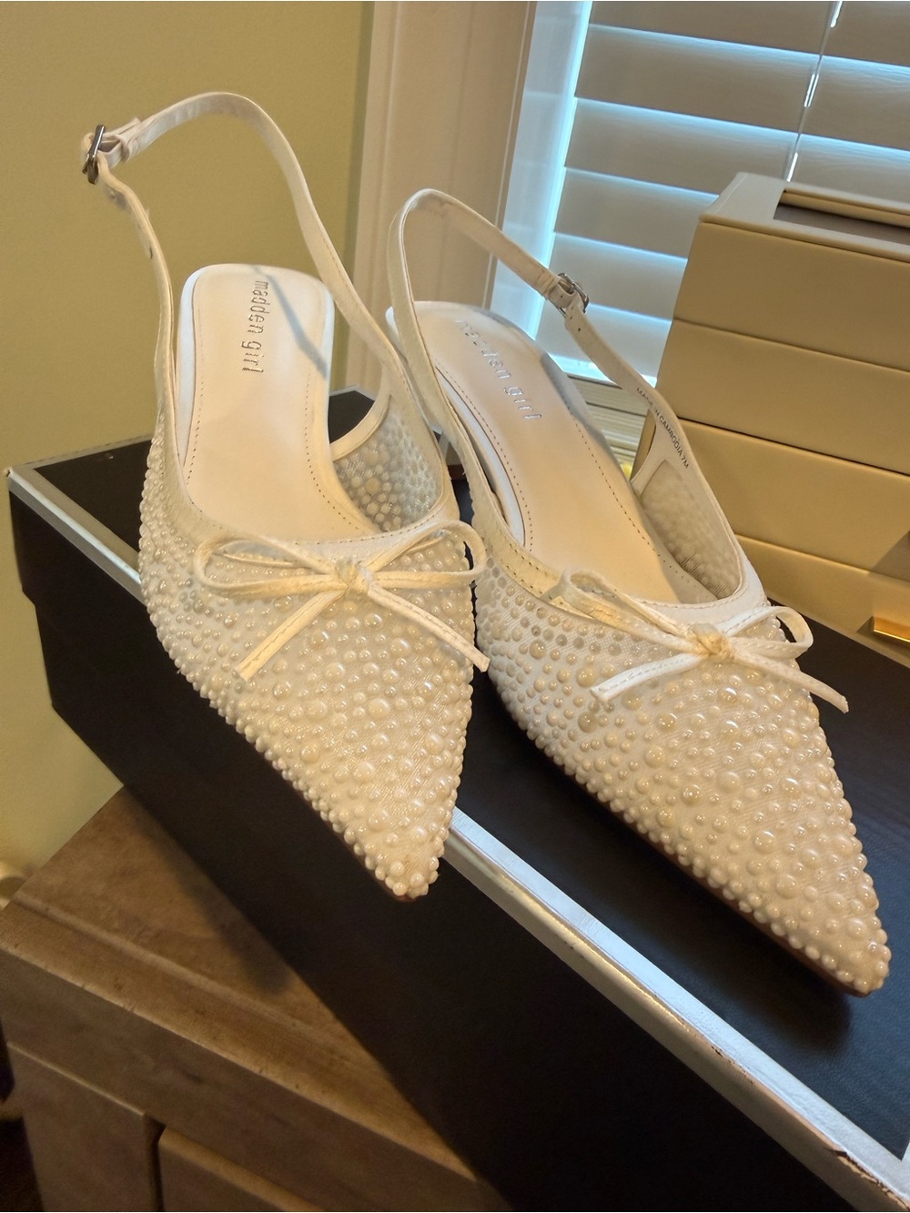Madden Girl White Pearl-Embellished Slingback Pointed Flats